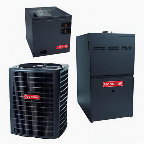 Goodman 1.5 Ton 14.5 SEER 80% 60,000 BTU Gas Furnace and Air Conditioner System Upflow GM9C800603AN CAPTA1818A4 GSXN401810 - AC units for less