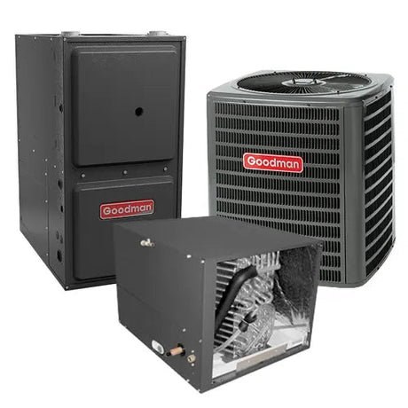 Goodman 1.5 Ton 14.5 SEER 80% 80,000 BTU Gas Furnace and Air Conditioner System Upflow GM9C800803BN CHPTA1822B4 GSXN401810 - AC units for less