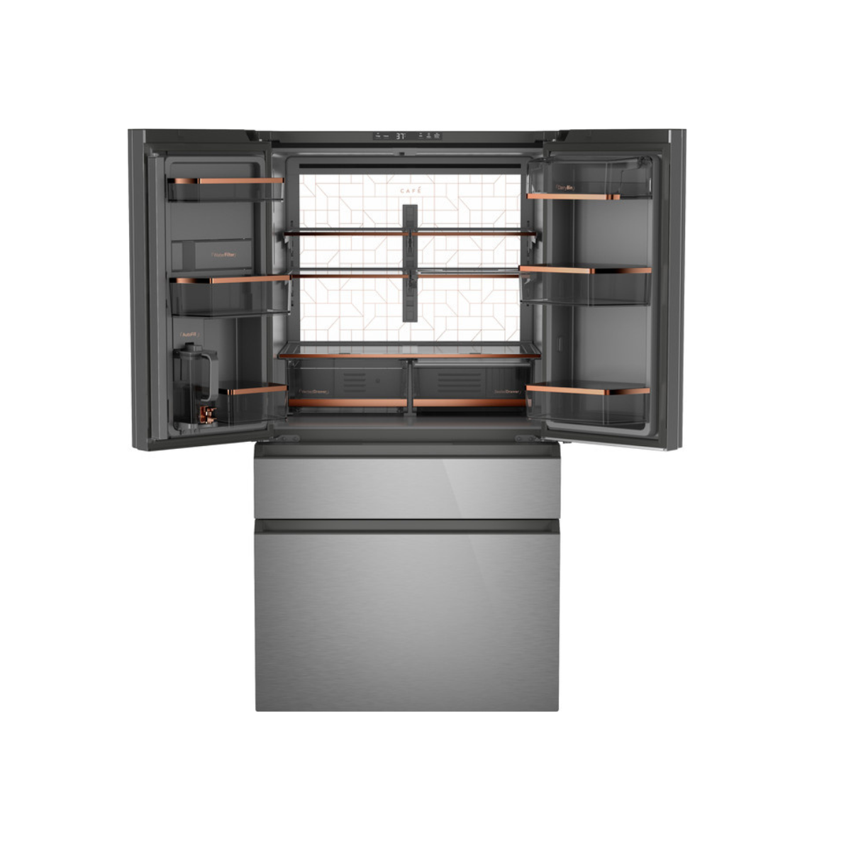 Café ENERGY STAR 23.2 Cu. Ft. Smart Counter-Depth 4-Door French-Door Refrigerator in Platinum Glass With Dual-Dispense AutoFill Pitcher