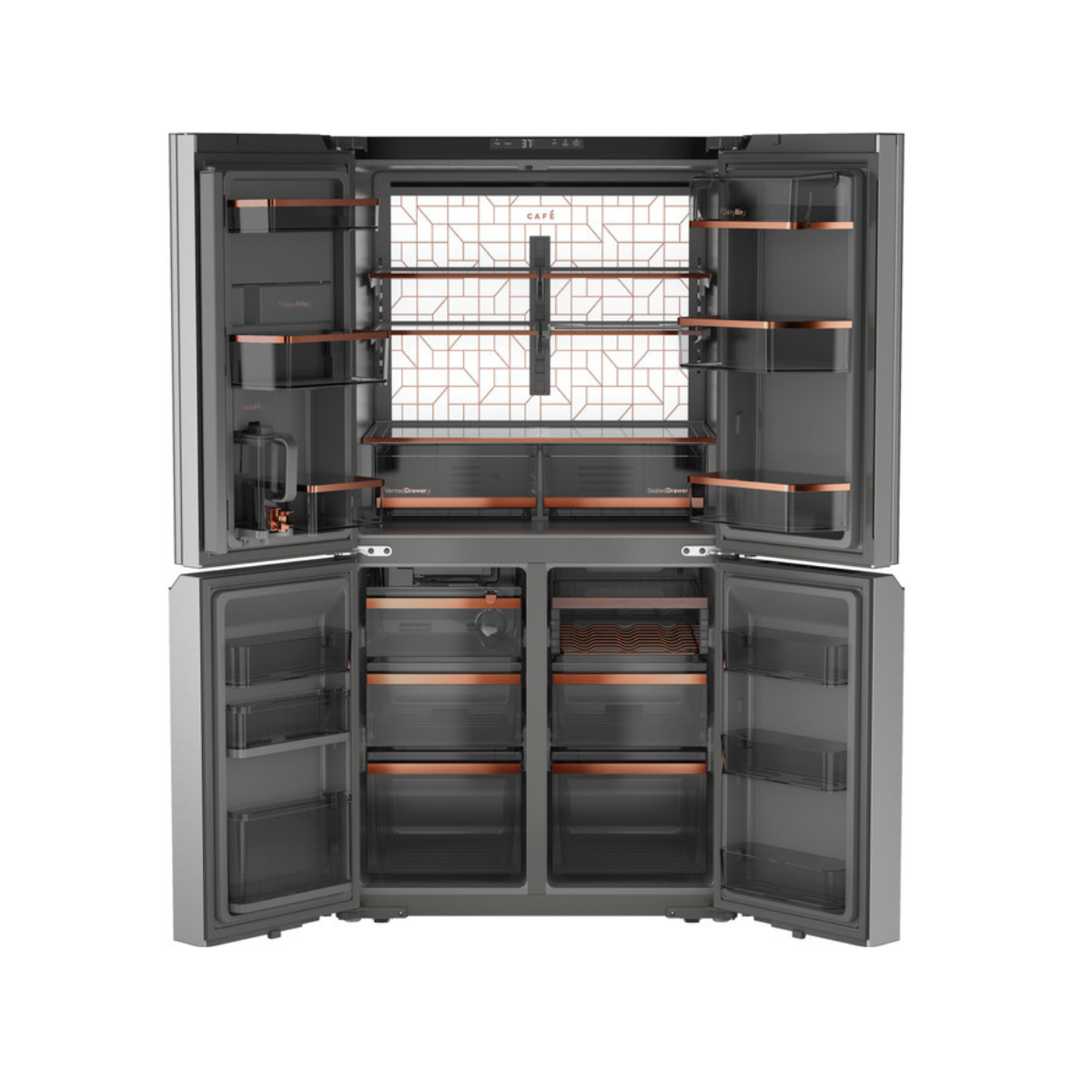 Café ENERGY STAR 28.3 Cu. Ft. Smart Quad-Door Refrigerator in Platinum Glass with Dual-Dispense AutoFill Pitcher