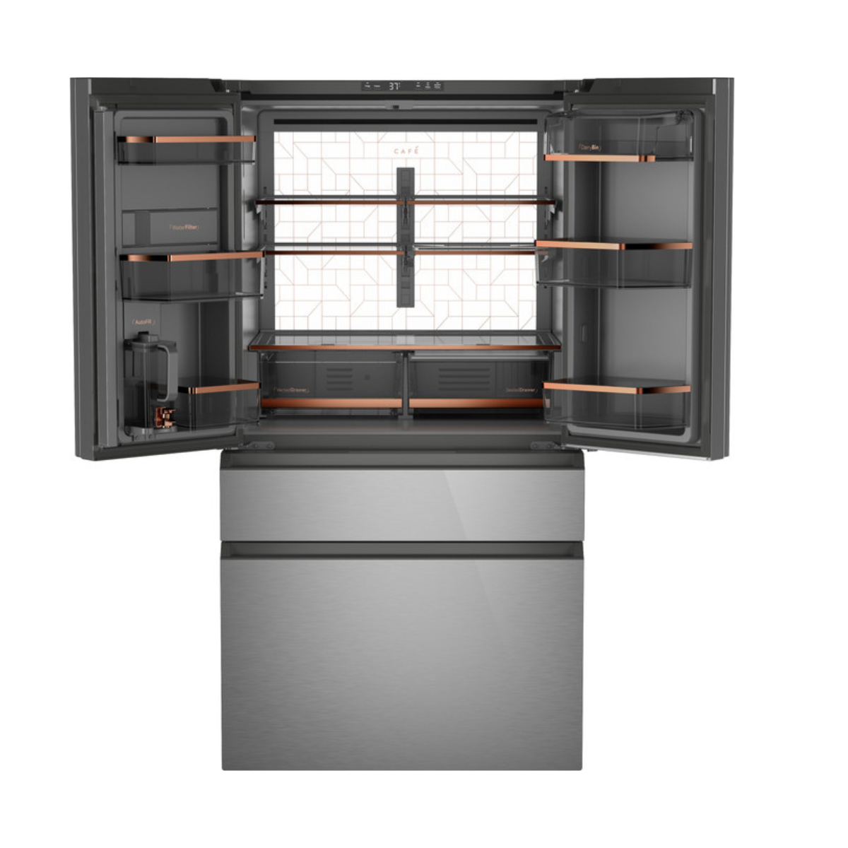 Café ENERGY STAR 28.7 Cu. Ft. Smart 4-Door French-Door Refrigerator in Platinum Glass With Dual-Dispense AutoFill Pitcher