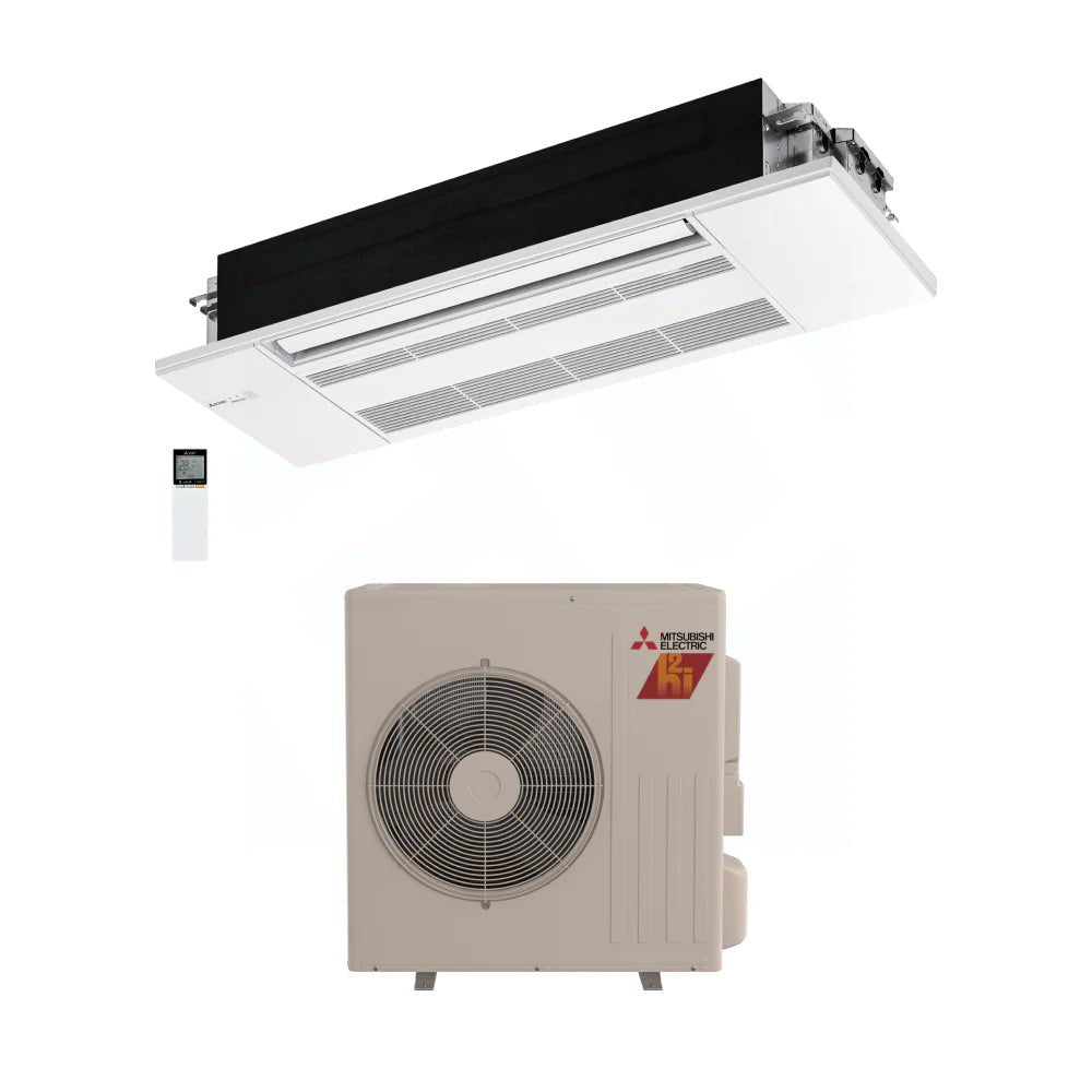 Ceiling-mounted air conditioning unit with outdoor unit on a white background
