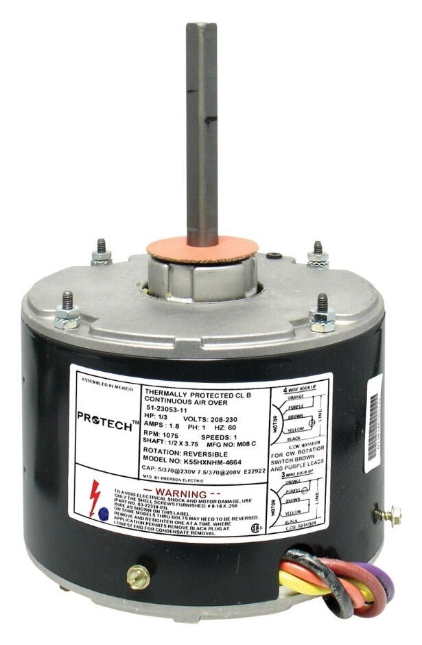 Rheem PROTECH Condenser Motor - 1/3 hp 208 - 230/1/60 (1075 rpm/1 speed) 51 - 23053 - 11 - 51-23053-11