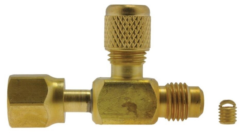 Rheem Tee Connector - 1/4 in. Female Hex x 1/4 in. SAE Male w/Cap & Valve Core 83 - AVT44 - 83-AVT44